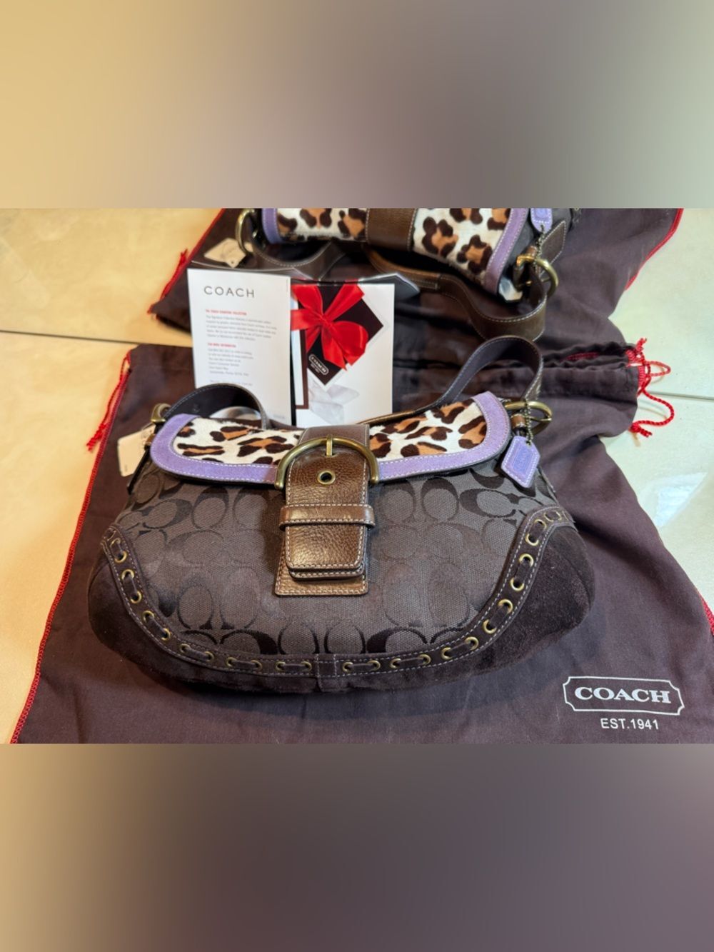 COACH NWT Extremely Rare Vintage Soho Leopard Calf Hair&Brown Signature Handbag - Picture 4 of 15